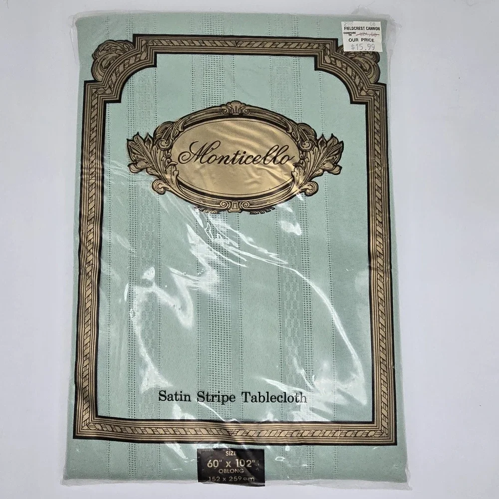 Vtg Monticello Satin Stripe Tablecloth 60x102 Oblong Sage Green MCM Cottagecore